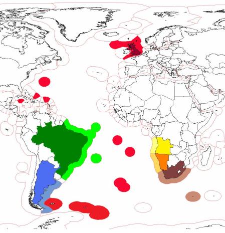 Zonas Econômicas Exclusivas (ZEEs) no Atlântico  Sul. <em>Mapa elaborado por Lucas K. Oliveira  </em>